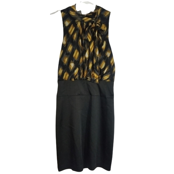 BCBG Max Azria Size 6 Cocktail Dress Black Mustard Yellow Silk - Picture 1 of 6